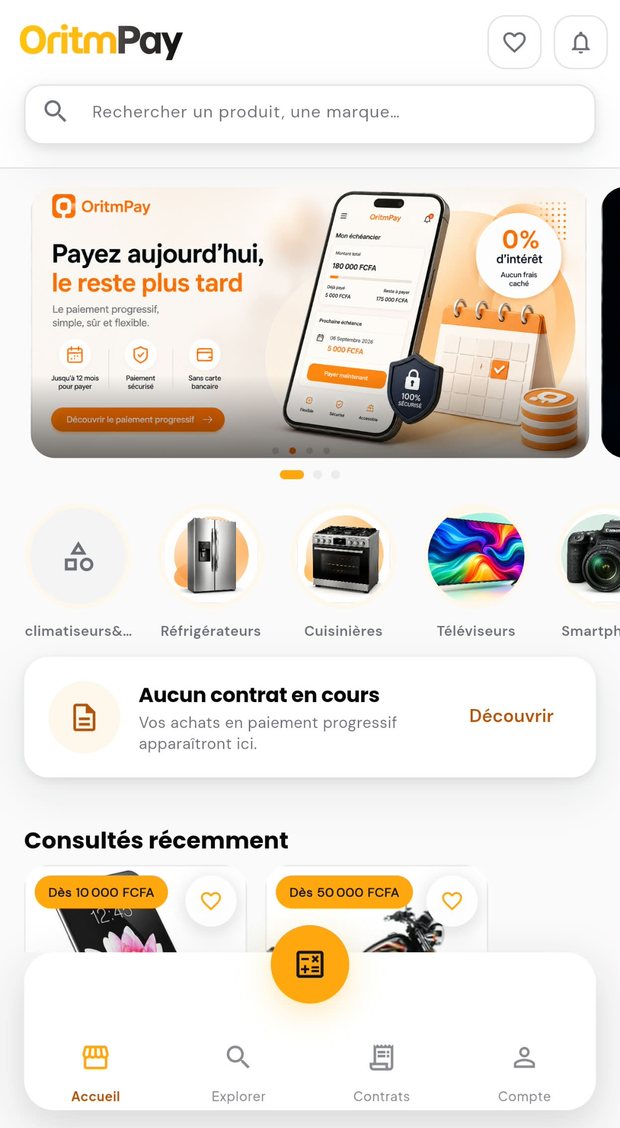 Écran d’accueil de l’application OritmPay avec le catalogue par catégorie